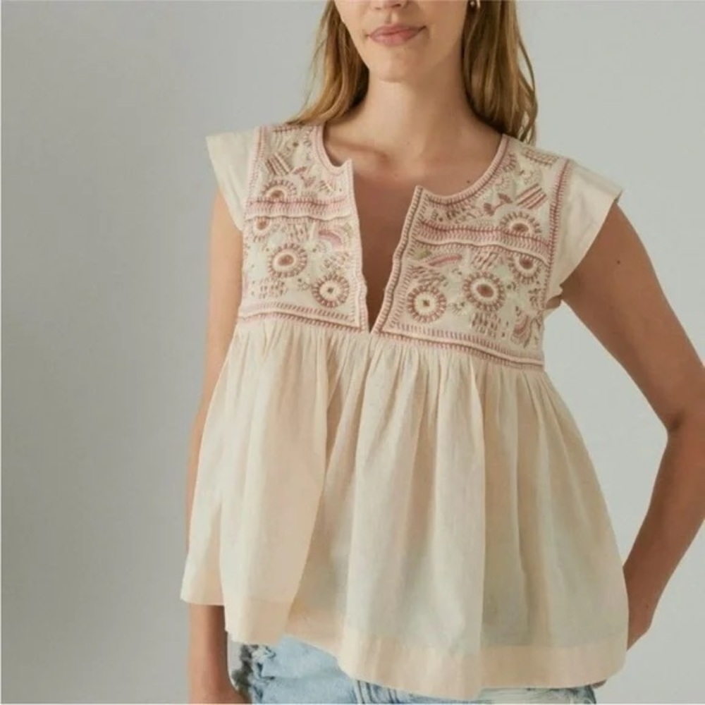 Lucky Brand Cream and Pink Embroidered Blouse